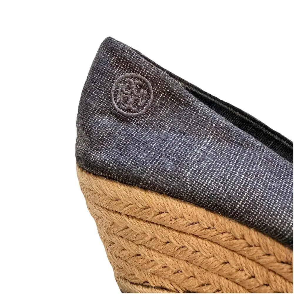 Tory Burch Filipa Pewter Linen Espadrille Wedge Platform Sandals Shoes 9 Womens